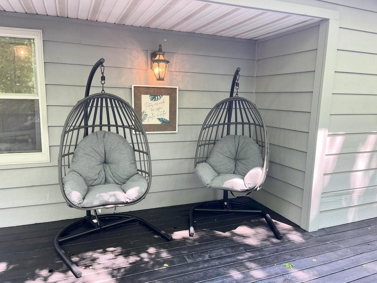 Kick back in the cozy hanging egg chairs tucked beneath the overhang—your new favorite spot for reading, chatting, or just swaying in the shade.