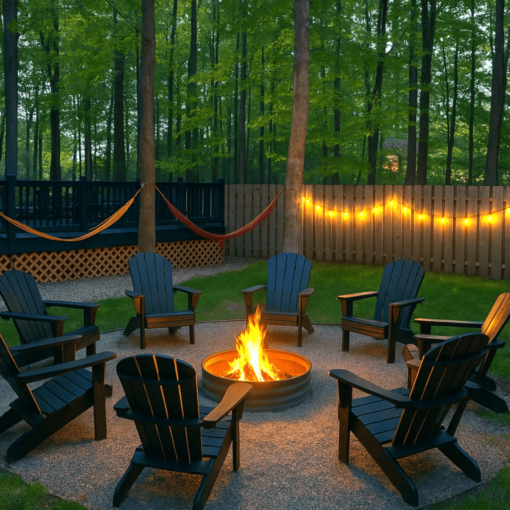 Unwind by the firepit under twinkle lights and tall trees—this inviting backyard was made for stargazing and storytelling.